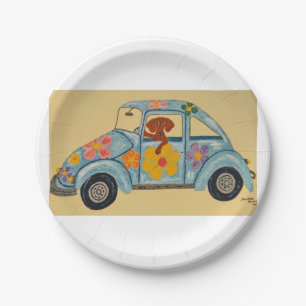 Assiettes En Carton Dachshund dans une voiture hippie