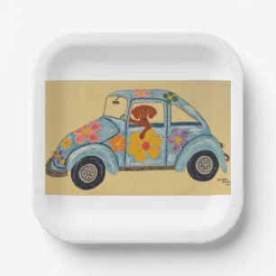 Assiettes En Carton Dachshund dans une voiture hippie