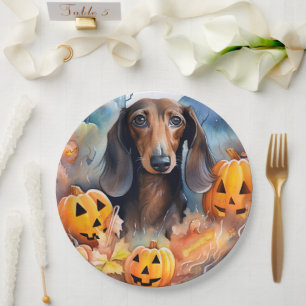 Assiettes En Carton Dachshund Halloween avec citrouilles effrayant