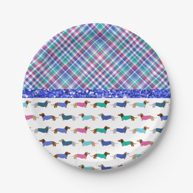 Assiettes En Carton Dachshund Plaid Plaques de papier vert bleu (Devant)