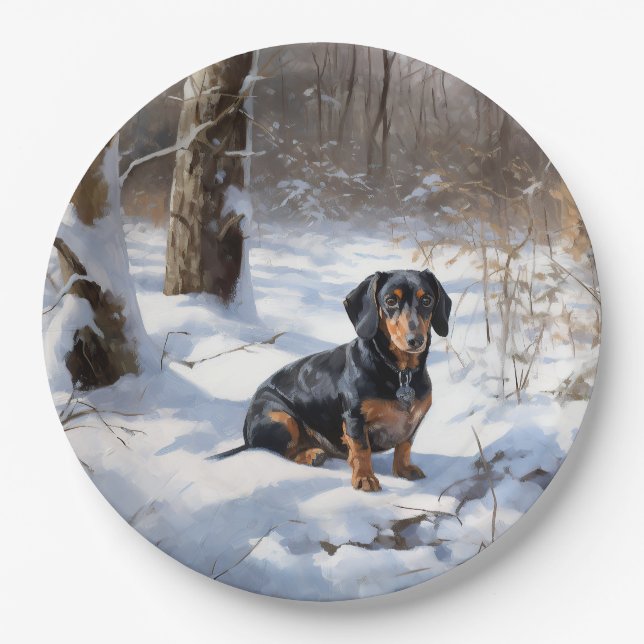Assiettes En Carton Dachshund Qu'Il Neige Noël (Devant)