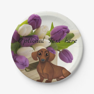 Assiettes En Carton Dachshund Tulips Papier Plaque