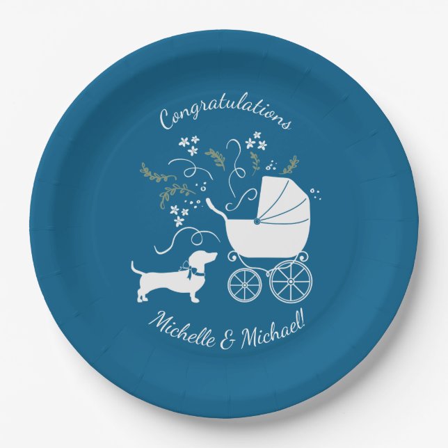 Assiettes En Carton Dachshund Wiener Chien Baby shower Blue Boy (Devant)