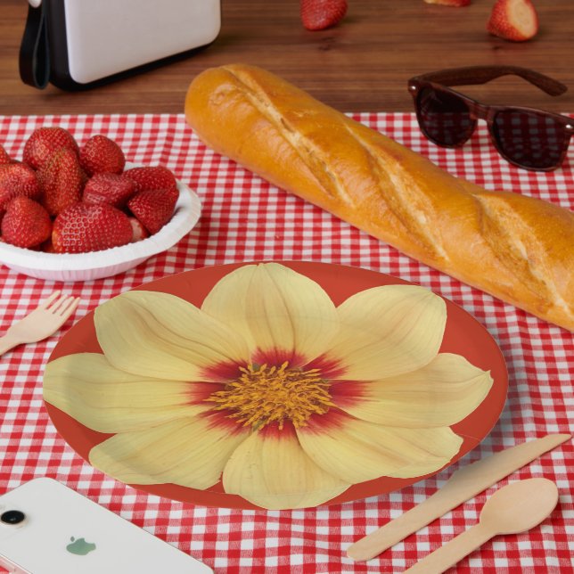 Assiettes En Carton Dahlia jaune sur la Flore rouge (Pique-nique)
