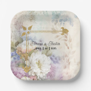 Assiettes En Carton Dahlias blancs avec accents violets et bleus
