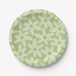 Assiettes En Carton Daisy Check Sage Green Retro Modern Pattern