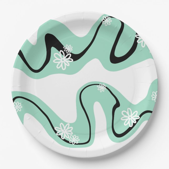 Assiettes En Carton Daisy Groove en vert, noir et blanc (Devant)