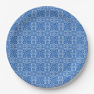 Assiettes En Carton Damas médiéval Fleur de lis, bleu cobalt