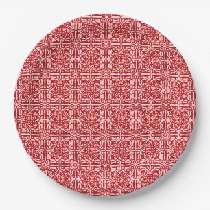Assiettes En Carton Damas médiéval Fleur de lis, rouge et blanc