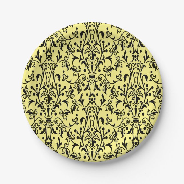Assiettes En Carton Damas noir et jaune (Devant)