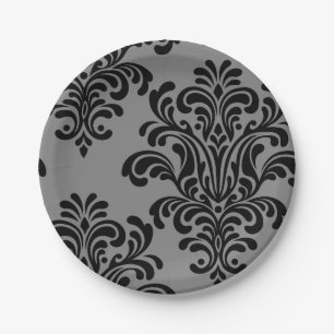 Assiettes En Carton Damas noir sur Motif gris