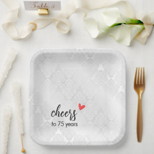 Assiettes En Carton Damas satin blanc 75e anniversaire