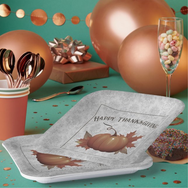 Assiettes En Carton Damask, Citrouille de Thanksgiving | Gris (Multi)