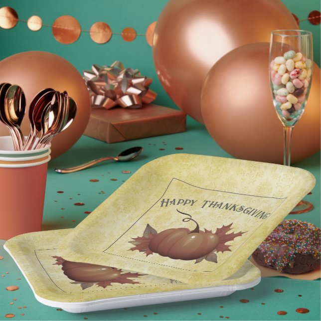 Assiettes En Carton Damask, Citrouille de Thanksgiving | jaune (Multi)