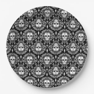 Assiettes En Carton Damassé morte - crânes chics de sucre