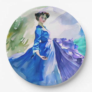 Assiettes En Carton Dame en Robe Bleue - Peinture aquarelle