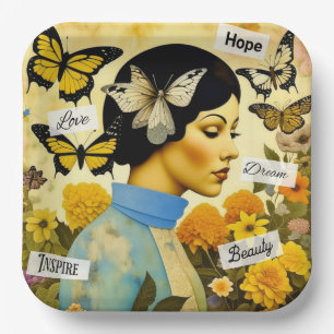 Assiettes En Carton Dame vintage, papillons, fleurs et inspirant