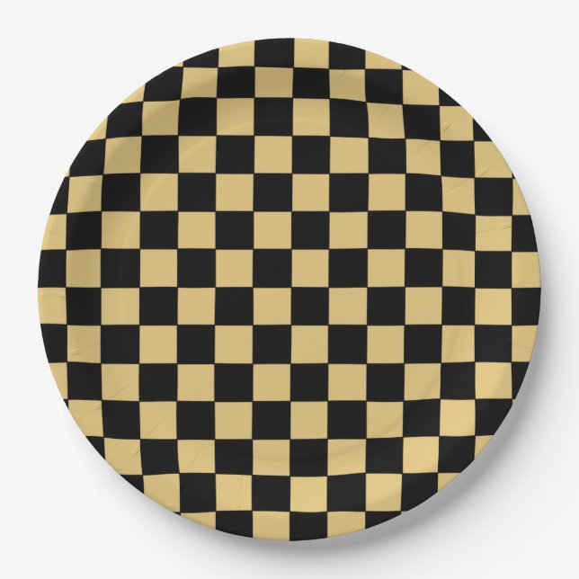 Assiettes En Carton Damier noir et or (Devant)