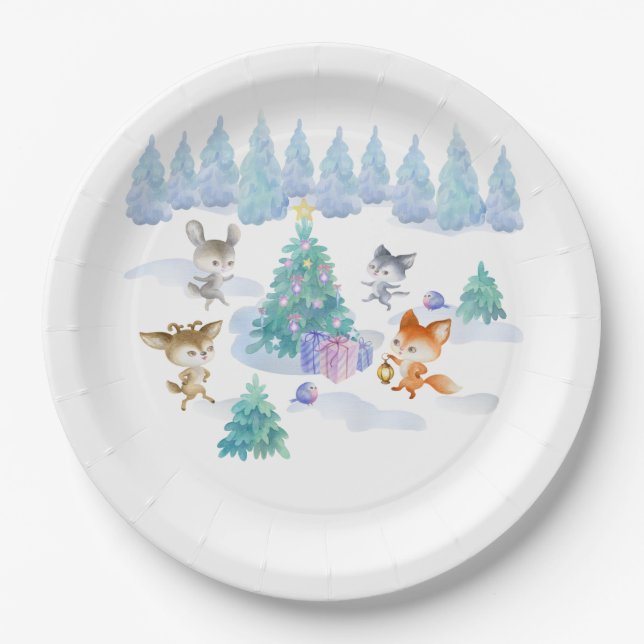 Assiettes En Carton Danse Animaux de forêt Noël Aquarelle (Devant)