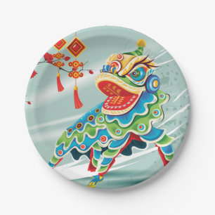 Assiettes En Carton Danseur du lion bleu chinois