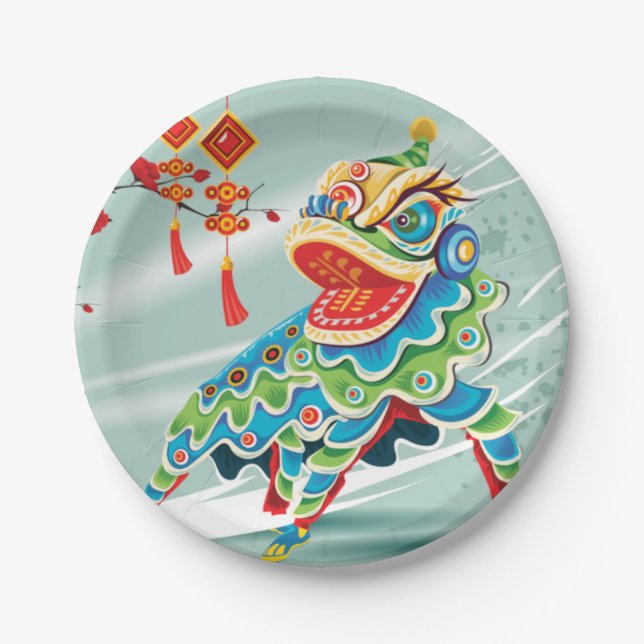 Assiettes En Carton Danseur du lion bleu chinois (Devant)