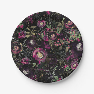 Assiettes En Carton Dark Moody Berry Plum Étincelle Florale Moderne