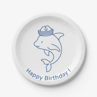 Assiettes En Carton Dauphin avec casquette de marin, Joyeux Anniversai