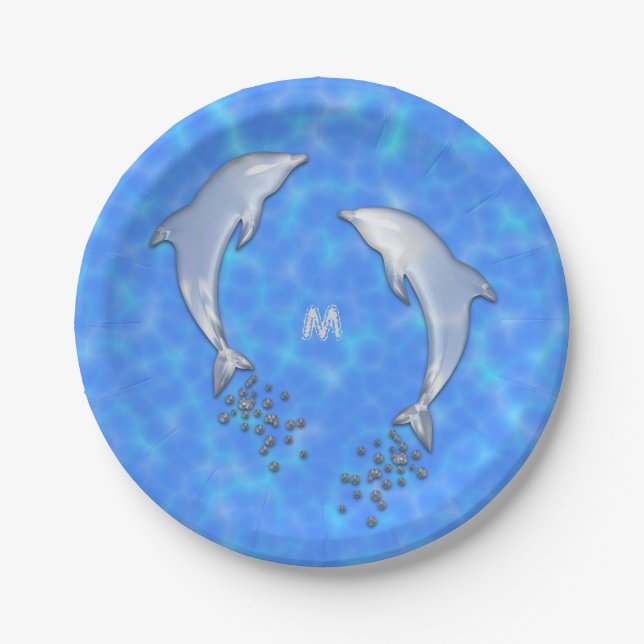 Assiettes En Carton Dauphin bleu étincelant avec un monogramme (Devant)