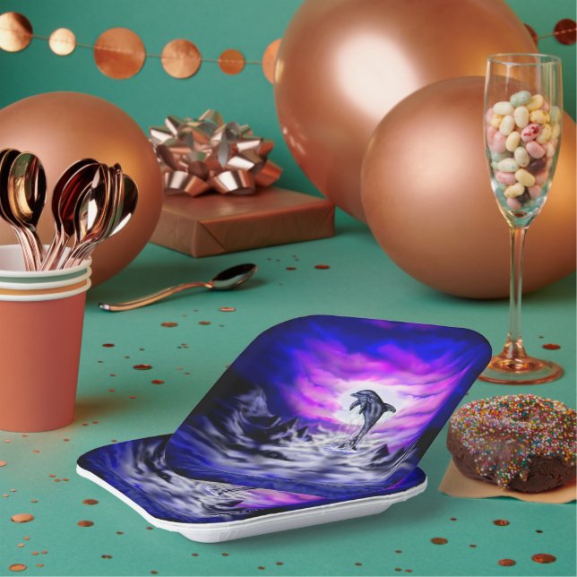 Assiettes En Carton Dauphin clair de lune (Multi)