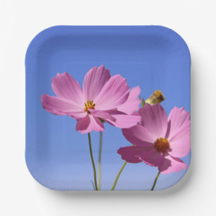 Assiettes En Carton de belles fleurs roses serrant un ciel bleu clair