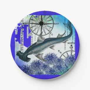 Assiettes En Carton De poisson-marteau de requin de collage bleu