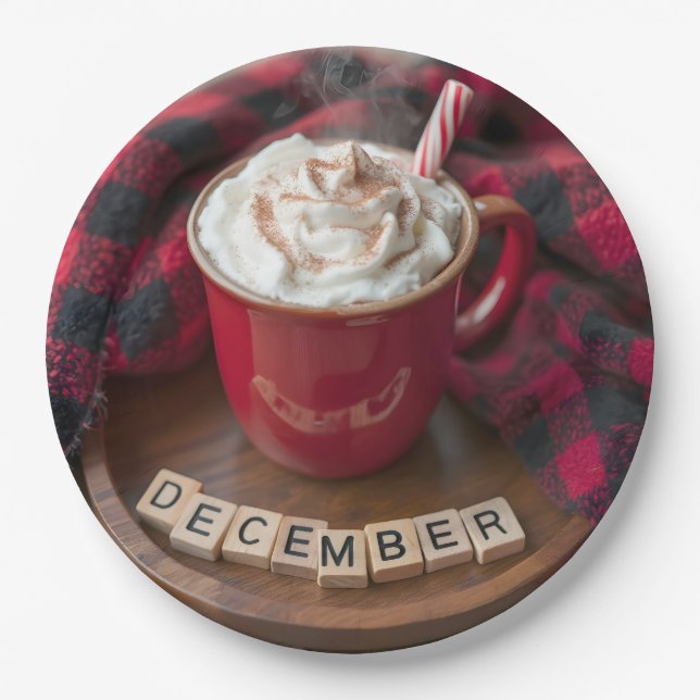 Assiettes En Carton Décembre Chocolat Chaud Avec Couverture Plaid (Devant)
