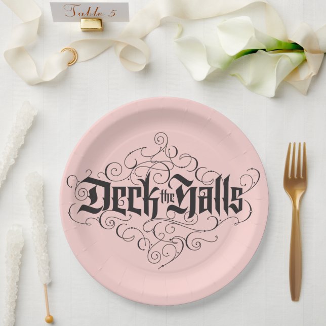 Assiettes En Carton Deck Halls Moderne Noir rose (Mariage)