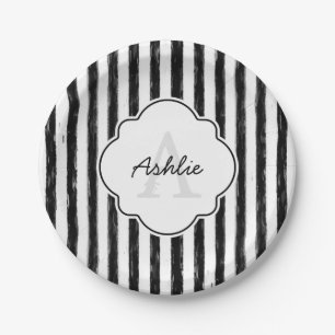 Assiettes En Carton Décontracté Black Peint Stripes Monogramme et nom