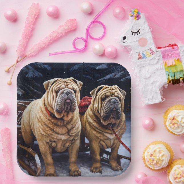 Assiettes En Carton Décor de Noël Shar Pei Snowy Sleigh (Fête)