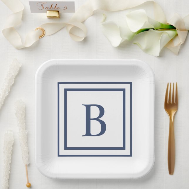 Assiettes En Carton Deep Navy And White Square Border Monogram  (Mariage)