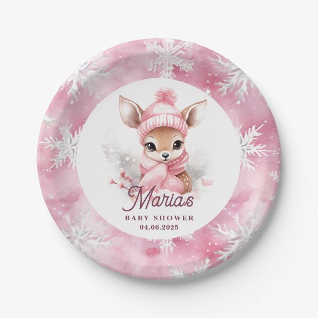 Assiettes En Carton Deer Pink Winter Casquette Scarf Nom personnalisé  (Devant)
