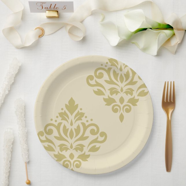 Assiettes En Carton Défiler Damask Art I Gold sur crème (Mariage)