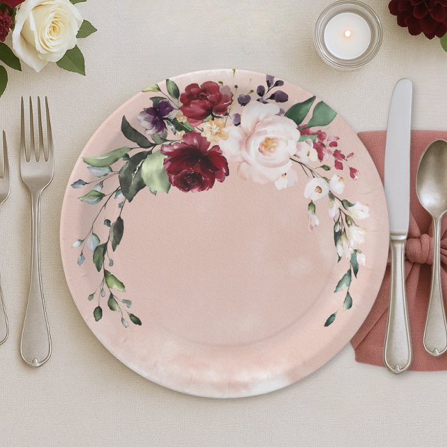 Assiettes En Carton Déjeuner nuptial rustique Bourgogne et rose pâle R (Rustic Burgundy Pink Roses Bridal Shower Paper Plate)