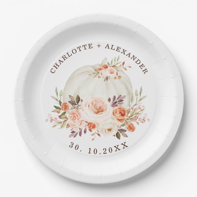 Assiettes En Carton Délicat Automne Floral Blanc Citrouille Mariage (Devant)