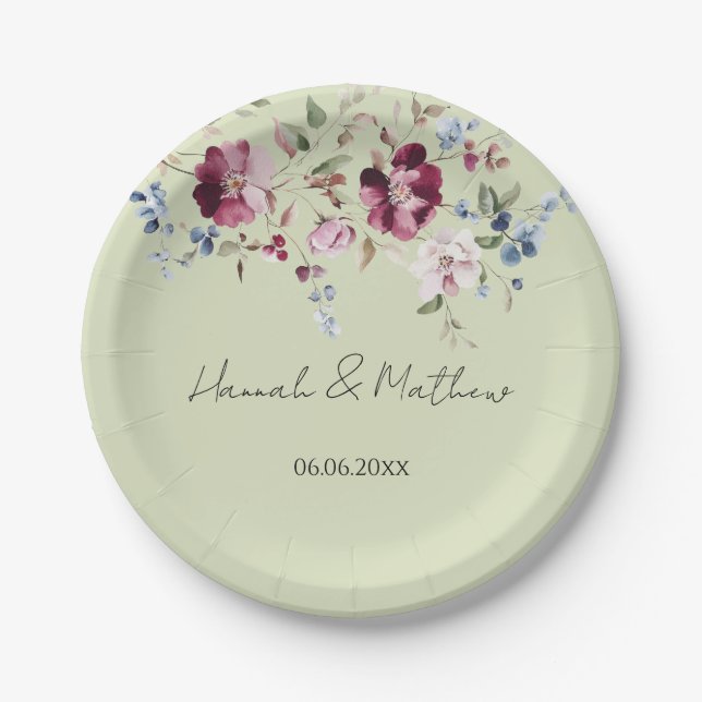 Assiettes En Carton Délicat Fleur sauvage Élégant Vert (Devant)