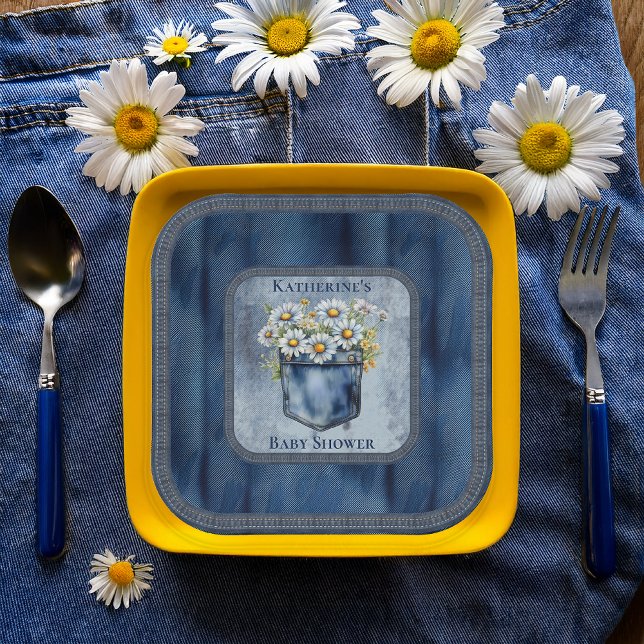 Assiettes En Carton Denim Blue Jean | Baby shower floral de Daisies (Blue Jean Pocket Denim and Daisies Baby Shower Square Paper Plates)