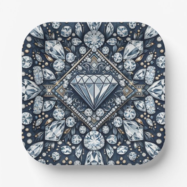 Assiettes En Carton Denim & Diamonds Glam Bling Anniversaire (Recto)