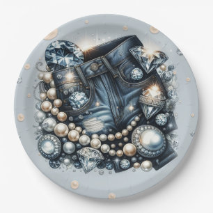 Assiettes En Carton Denim Diamonds & Pearls Jeans Bling Fête d'anniver