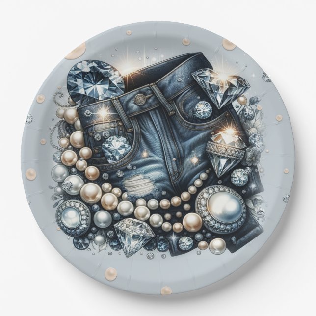 Assiettes En Carton Denim Diamonds & Pearls Jeans Bling Fête d'anniver (Devant)