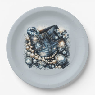 Assiettes En Carton Denim Diamonds & Perles Jeans Bling Anniversaire