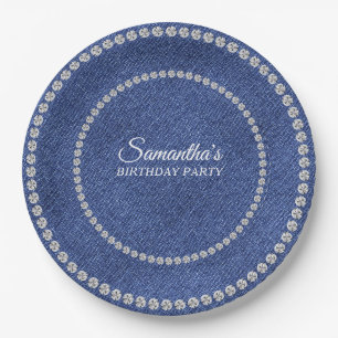 Assiettes En Carton Denim et Diamonds Blue Jeans Bling Anniversaire