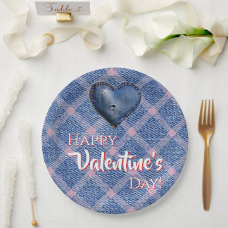 Assiettes En Carton Denim Heart Valentine's Day Party Plaid