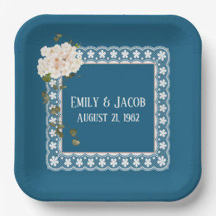 Assiettes En Carton Dentelle Blanche Anniversaire Sur Bleu