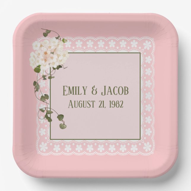 Assiettes En Carton Dentelle Blanche Anniversaire Sur Blush (Recto)